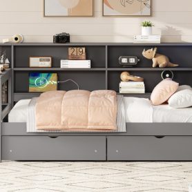 Wood Twin Size Platform Bed with Storage Shelves, Drawers, Charging Station, LED, Desk and Upholstered Headboard