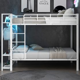 Full Size Metal Bunk Bed With Storage Mesh Shelves, Clothes Hooks And LED Light