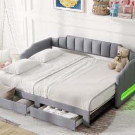 Twin XL Size Extendable Upholstered Daybed with Two Storage Drawers and LED Light