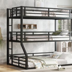 Metal Twin Over Twin Over Full XL Bunk Bed with Safety Guardrails