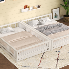 Full XL over Queen Floor Bunk Bed with Ladder and Safety Guardrails