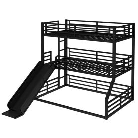 Metal Twin Over Twin Over Full Bunk Bed With Slide and Safety Guardrails