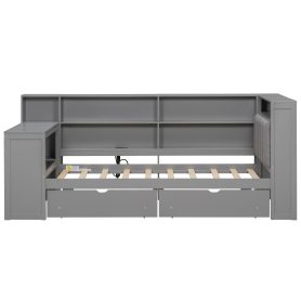 Wood Twin Size Platform Bed with Storage Shelves, Drawers, Charging Station, LED, Desk and Upholstered Headboard