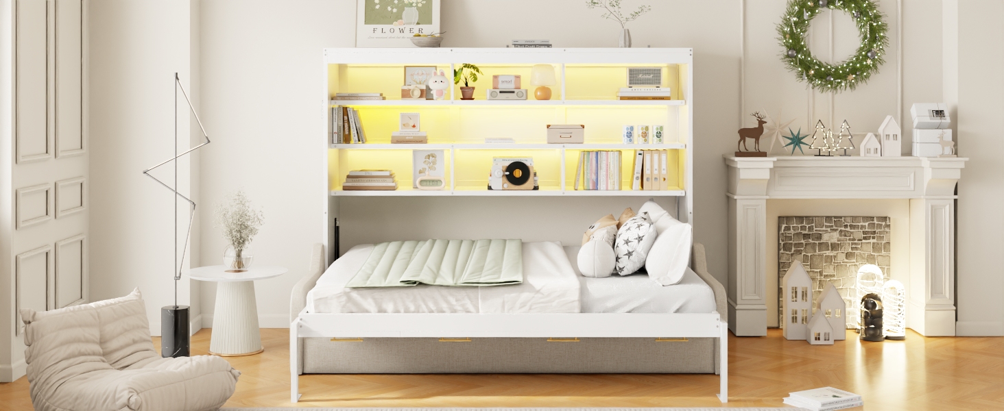 Full Size Murphy Cabinet Bed with Folding Sofa,Built-in Storage Shelves and LED Light 11 Full Size Murphy Cabinet Bed with Folding Sofa,Built-in Storage Shelves and LED Light