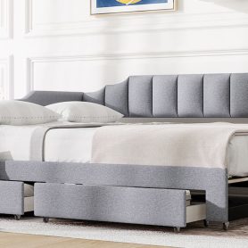 Twin XL Size Extendable Upholstered Daybed with Two Storage Drawers and LED Light