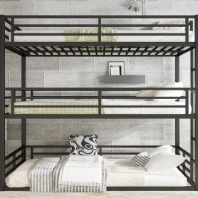 Metal Queen Over Queen Over Queen Bunk Bed With Safety Guardrails