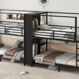 Twin Size Quadruple Metal Bunk Bed With Built-in Storage Shelves & Wardrobe 33 Twin Size Quadruple Metal Bunk Bed With Built-in Storage Shelves & Wardrobe