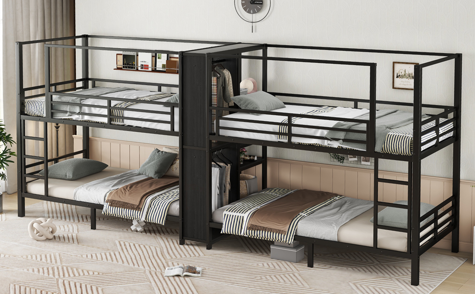 Twin Size Quadruple Metal Bunk Bed With Built-in Storage Shelves & Wardrobe 16 Twin Size Quadruple Metal Bunk Bed With Built-in Storage Shelves & Wardrobe