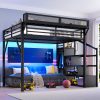Metal Queen Loft Bed With Storage Stairs, Shelves, Built-in Wardrobe, USB Ports and LED Lights
