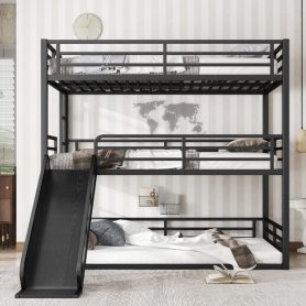 Metal Full Over Full Over Full Bunk Bed With Slide, and Safety Guardrails