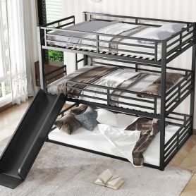 Metal Full Over Full Over Full Bunk Bed With Slide, and Safety Guardrails
