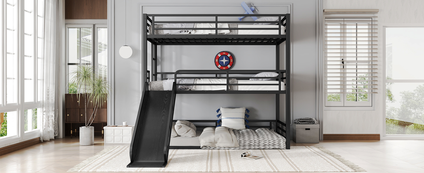 Metal Twin Xl Over Twin Xl Over Twin Xl Bunk Bed With Slide, and Safety Guardrails 18 Metal Twin Xl Over Twin Xl Over Twin Xl Bunk Bed With Slide, and Safety Guardrails