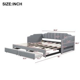 Twin XL Size Extendable Upholstered Daybed with Two Storage Drawers and LED Light