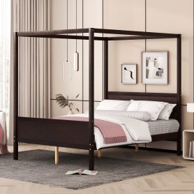 Queen Size Canopy Bed with Headboard and Footboard, Slat Support Leg
