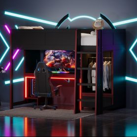 Wood Twin Size Gaming Loft Bed with Built-in Desk, Wardrobe, LED and a Drawer