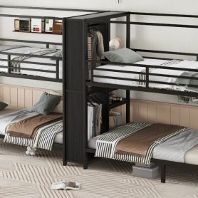 Twin Size Quadruple Metal Bunk Bed With Built-in Storage Shelves & Wardrobe 36 Twin Size Quadruple Metal Bunk Bed With Built-in Storage Shelves & Wardrobe