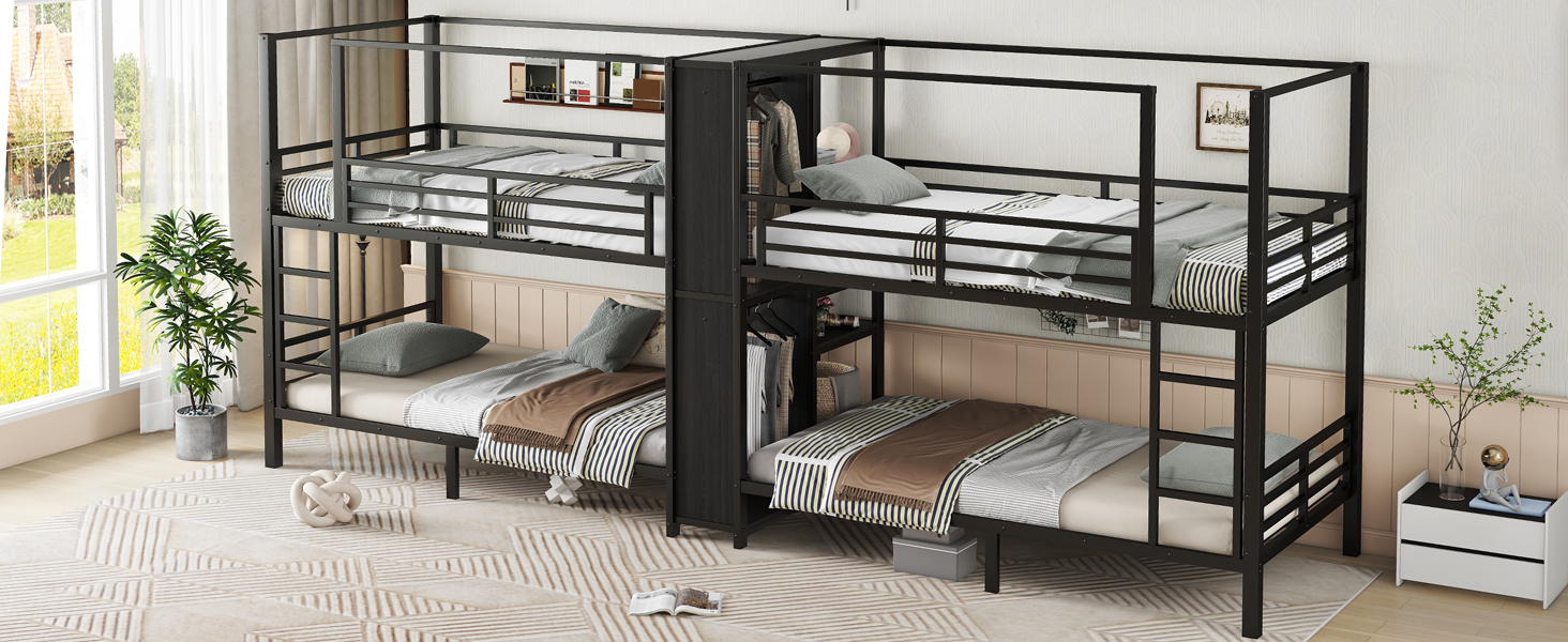 Twin Size Quadruple Metal Bunk Bed With Built-in Storage Shelves & Wardrobe 19 Twin Size Quadruple Metal Bunk Bed With Built-in Storage Shelves & Wardrobe