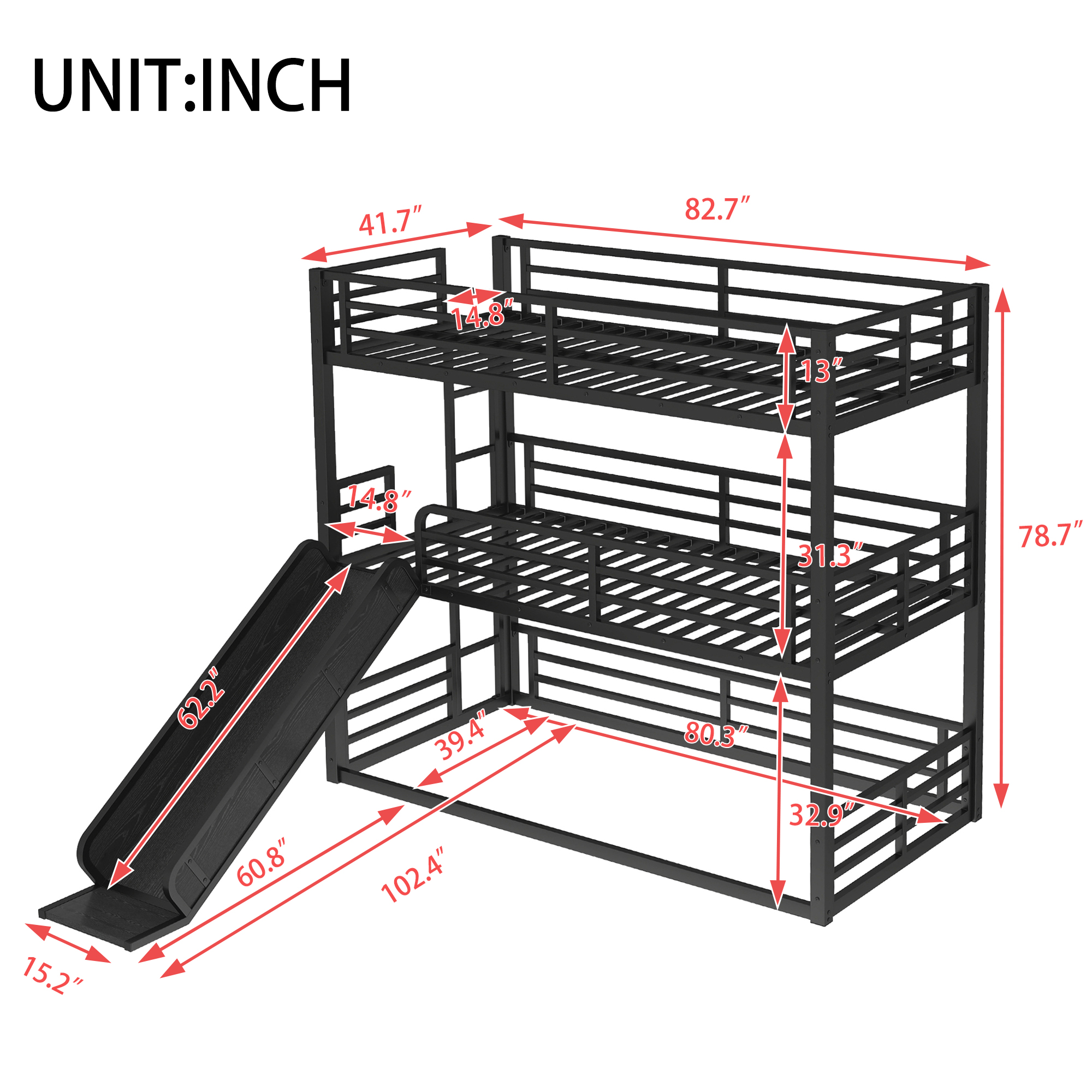 Metal Twin Xl Over Twin Xl Over Twin Xl Bunk Bed With Slide, and Safety Guardrails 6 Metal Twin Xl Over Twin Xl Over Twin Xl Bunk Bed With Slide, and Safety Guardrails