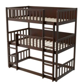 Twin Size Triple Rubber Wood Bunk Bed, with Ladders and Guardrails