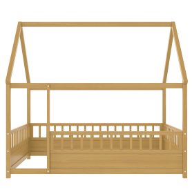 Full Size Wooden Floor Bed with House Roof Frame and Fence Guardrails