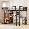 Metal Queen Size Loft Bed Frame with Built-in Wardrobe,  Desk and Storage Shelves
