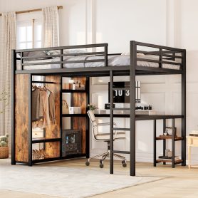 Metal Queen Size Loft Bed Frame with Built-in Wardrobe,  Desk and Storage Shelves