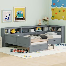 Wood Twin Size L-shaped Platform Bed with Trundle and a Drawer