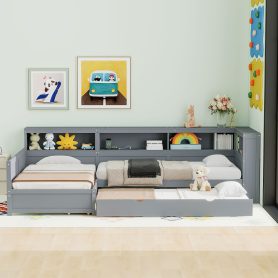 Wood Twin Size L-shaped Platform Bed with Trundle and a Drawer