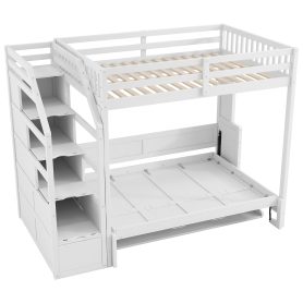 Full Xl Size Loft Bed With Storage Staircase And Full Size Murphy Bed With LED Light