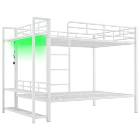 Full Size Metal Bunk Bed With Storage Mesh Shelves, Clothes Hooks And LED Light