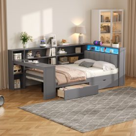 Wood Full Size Platform Bed with Storage Shelves, Drawers, Charging Station, LED, Desk and Upholstered Headboard