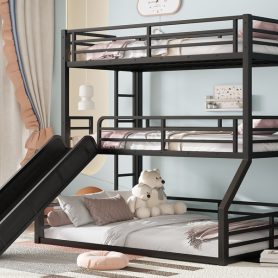 Metal Twin Over Twin Over Full Bunk Bed With Slide and Safety Guardrails