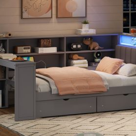 Wood Twin Size Platform Bed with Storage Shelves, Drawers, Charging Station, LED, Desk and Upholstered Headboard