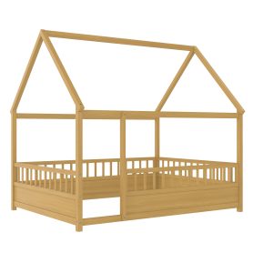 Full Size Wooden Floor Bed with House Roof Frame and Fence Guardrails