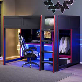 Wood Full Size Gaming Loft Bed With Built-in Desk, Wardrobe, Led And A Drawer