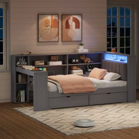 Wood Twin Size Platform Bed with Storage Shelves, Drawers, Charging Station, LED, Desk and Upholstered Headboard