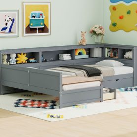 Wood Twin Size L-shaped Platform Bed with Trundle and a Drawer