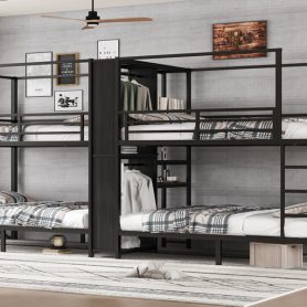Full Size Quadruple Metal Bunk Bed With Built-in Storage Shelves & Wardrobe