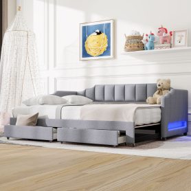 Twin XL Size Extendable Upholstered Daybed with Two Storage Drawers and LED Light