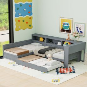 Wood Twin Size L-shaped Platform Bed with Trundle and a Drawer
