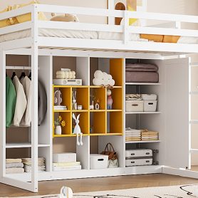 Twin Size Wood Loft Bed With Wardrobe, Shelves And  Cabinet