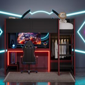 Wood Twin Size Gaming Loft Bed with Built-in Desk, Wardrobe, LED and a Drawer