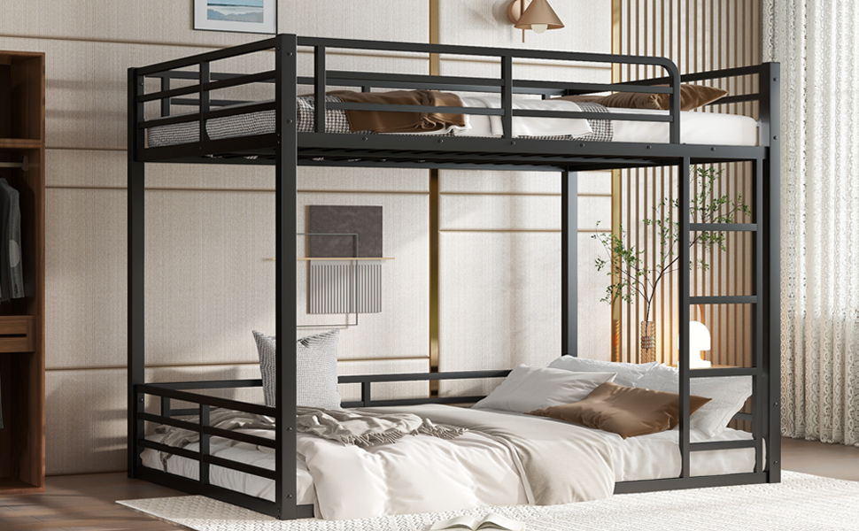 Metal Bunk Bed, Full Xl Over Full Xl Floor Bunk Bed Frame,heavy-duty Bunk Bed For Kids, Teens, Adults, Noise-reduced Design, Black
