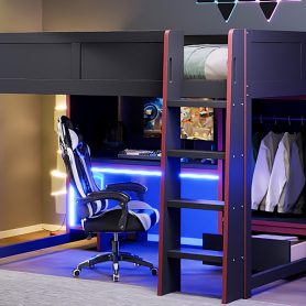 Wood Full Size Gaming Loft Bed With Built-in Desk, Wardrobe, Led And A Drawer