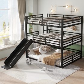 Metal Queen Over Queen Over Queen Bunk Bed With Slide, and Safety Guardrails
