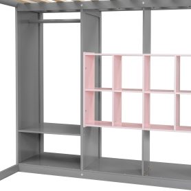 Full Size Wood Loft Bed with Wardrobe, Shelves and Cabinet