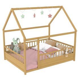 Full Size Wooden Floor Bed with House Roof Frame and Fence Guardrails