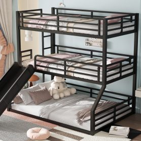 Metal Twin Over Twin Over Full Bunk Bed With Slide and Safety Guardrails