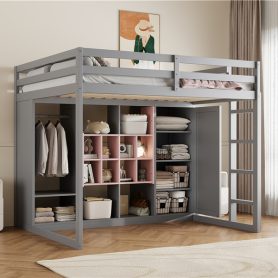Full Size Wood Loft Bed with Wardrobe, Shelves and Cabinet