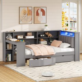 Wood Twin Size Platform Bed with Storage Shelves, Drawers, Charging Station, LED, Desk and Upholstered Headboard